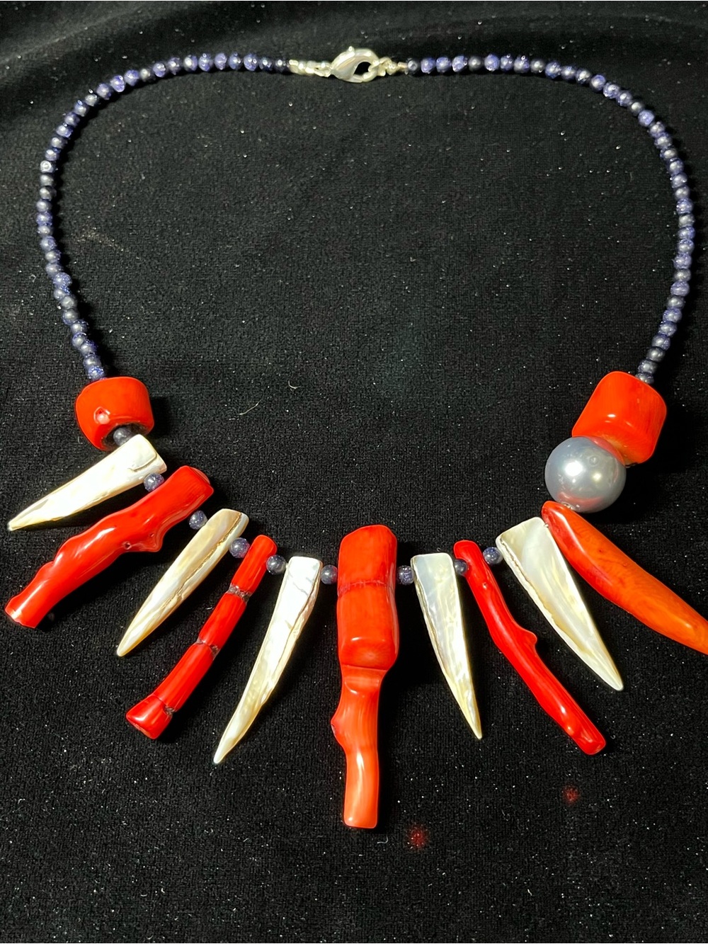 Vintage Artisan Red Coral Branch & White Spike Shell Fringe Necklace 1742